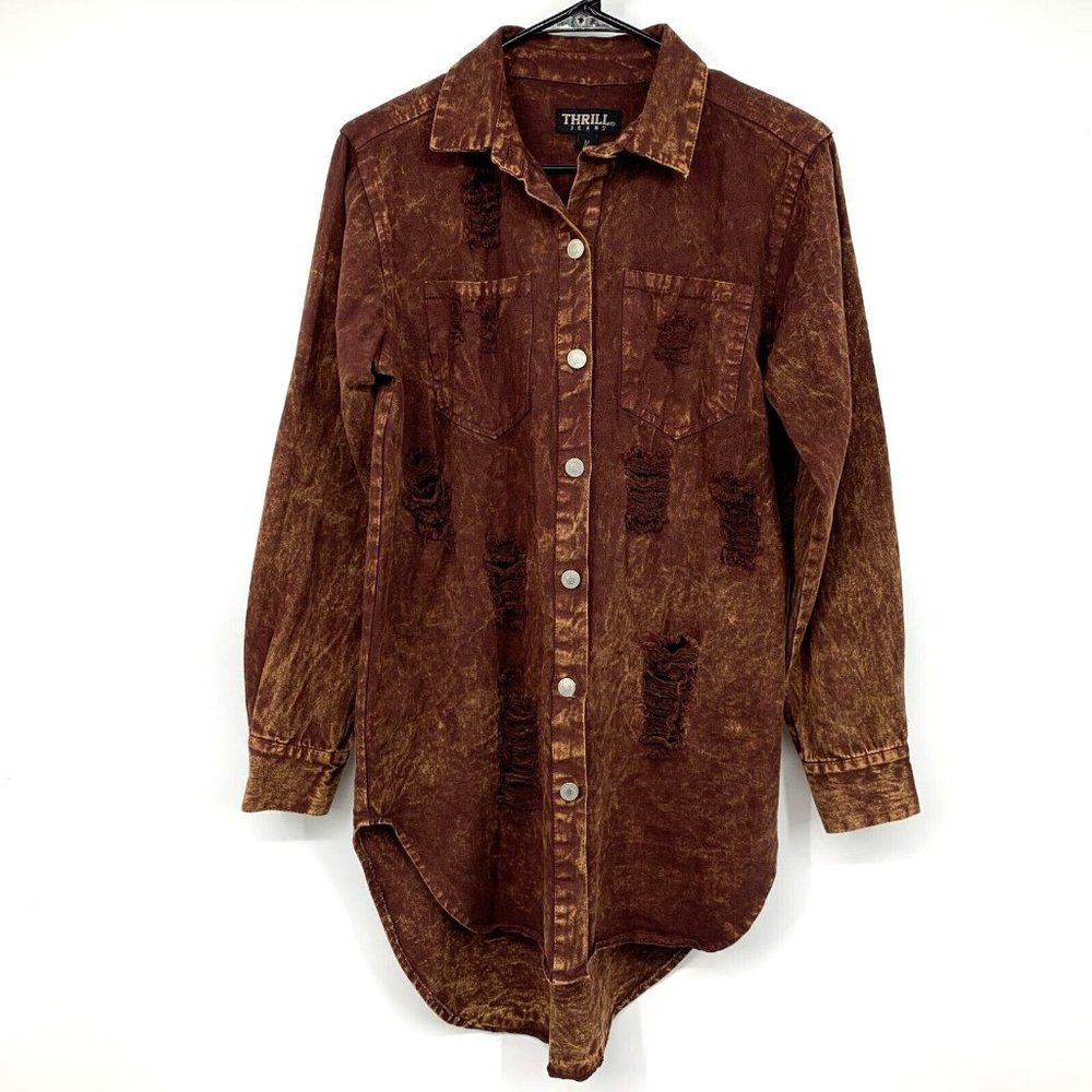 Thrill Jeans Tunic Brown Acid Wash Distressed Long Sleeve Hi Lo Jacket